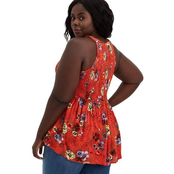 Torrid Women's 00 (M/10) Floral Smocked Gauze Sleeveless Peplum Boho Tank Top - Picture 3 of 12
